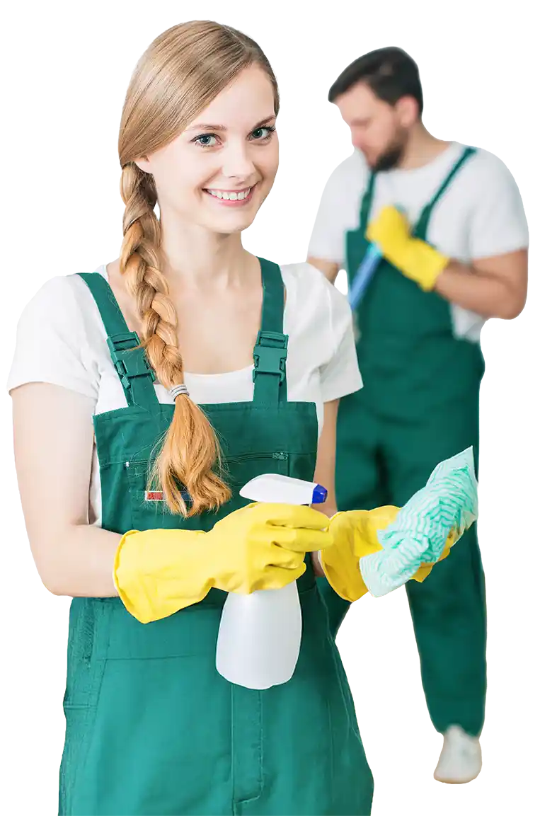 Frau mit Latzhose, gelben Handschuhen hält einen Lappen und eine Sprühflasche. Ein Mann mit Schrubber steht schräg hinter ihr